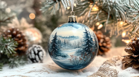 Ornament decorated with a winter forest scene, with tiny trees and snow details, hanging on a festive tree.の素材