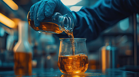 Man's gloved hands pouring liquid into a beaker, representing safety in chemical handling.の素材