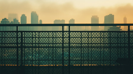 Metal fence in front of a hazy cityscape, symbolizing distance and separation from urban life.の素材