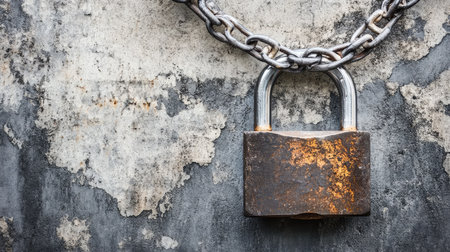 Padlock and chains against a grunge wall, symbolizing urban security with a gritty, industrial feel.の素材