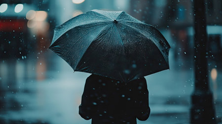 Person standing in pouring rain, umbrella flipped inside out, clothes soaked, and raindrops splashing all around. Moody, intense sceneの素材