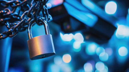 Padlock and chains in front of a blurred surveillance camera, symbolizing high-security monitoring.の素材