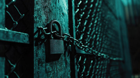 Padlock and chains on a dimly lit metal fence, creating a mysterious atmosphere with a sense of restriction.の素材
