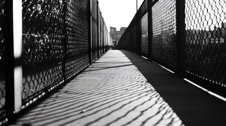 Perspective shot of a long metal fence stretching into the distance, evoking a sense of restriction.の素材