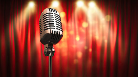 Single microphone on a stand, centered in front of rich red curtains with spotlight beams creating contrast and depthの素材