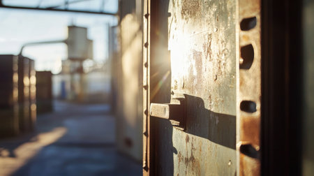 Side angle of a metal door frame slightly open, with sunlight hitting the frame, emphasizing durability.の素材