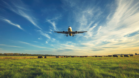 Plane flying above an open field with grazing cattle, under a big, blue sky filled with wispy clouds. Rural and calmの素材