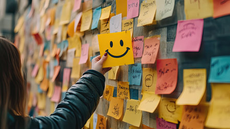 Person sticking a smiley face note onto a wall filled with positive affirmations and quotesの素材