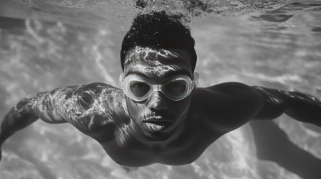 Professional swimmer doing laps underwater, with focused expression, clear goggles, and streamlined posture. Determined vibeの素材