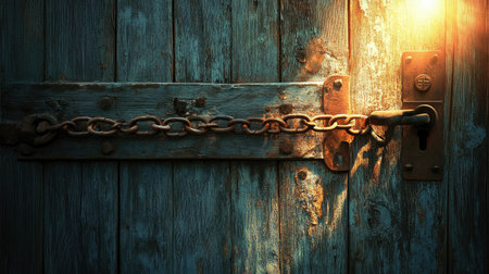 Padlock and chains on an old wooden door, representing tradition and mystery, with light shining from one side.の素材