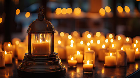 Service bell surrounded by candles, creating a cozy, warm ambiance, suitable for a boutique hotel.の素材