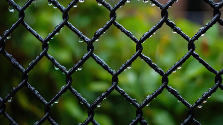 Rain-soaked metal grid fence with droplets, adding mood and atmosphere to an urban setting.の素材