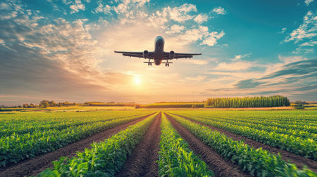 Plane soaring above a farmer's field with rows of green crops below, emphasizing the rural landscape and open skyの素材