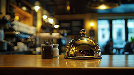 Shiny bell with a small tip jar next to it, evoking gratitude for customer appreciation in a caf.の素材