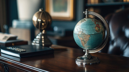Silver bell on a desk with a globe beside it, suggesting travel and international hospitality.の素材