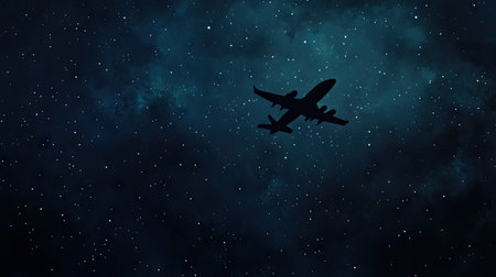 Silhouette of a plane flying above against a starry night sky, with faint clouds and a hint of moonlight illuminating the sceneの素材