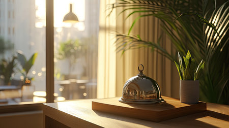 Service bell in a minimalist workspace with sunlight streaming through a window, creating a warm, welcoming scene.の素材