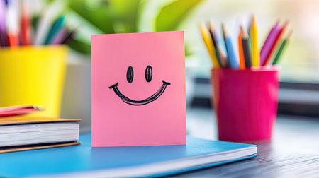 Sticky note with a smiley face and Good Luck message, placed on a student's notebook for an exam dayの素材