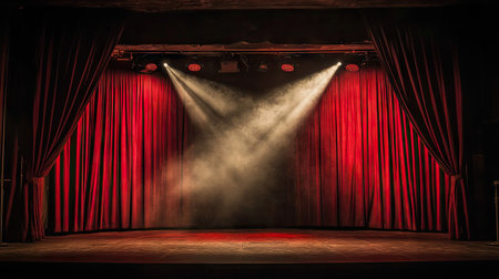 Stage with deep red curtains, microphone centered, and single spotlight casting a focused beam of lightの素材