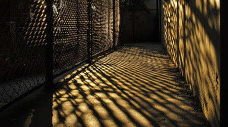 Sunlight filtering through a grid fence, casting intricate shadows on the ground, evoking a sense of confinement.の素材
