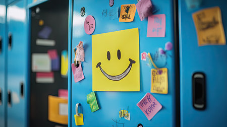 Sticky note with a big smiley face on a locker door, colorful decorations and doodles around itの素材