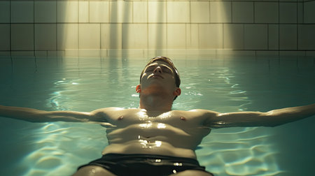 Swimmer floating face-up underwater, arms relaxed, looking serene and calm as light dances across the pool surfaceの素材