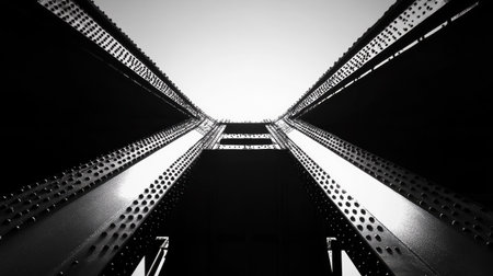 Steel bridge cables framed by a bright sky, focusing on the strength and tension of industrial design.の素材