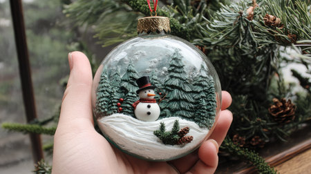 Snow globe-style ornament with a tiny snowman and evergreen trees, capturing winter wonder.の素材