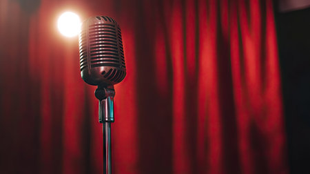 Spotlight highlighting a microphone against deep red curtains, creating an atmosphere of suspense and eleganceの素材