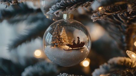 Snow globe-style ornament with a tiny sleigh scene inside, hanging on a frosted Christmas tree.の素材