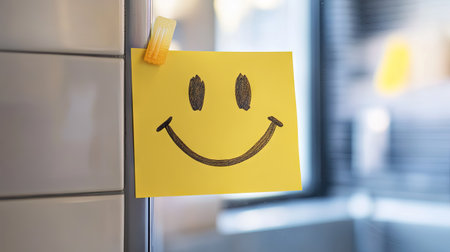 Smiley face sticky note stuck to a mirror in a bright, modern bathroom. Positive and motivating sceneの素材