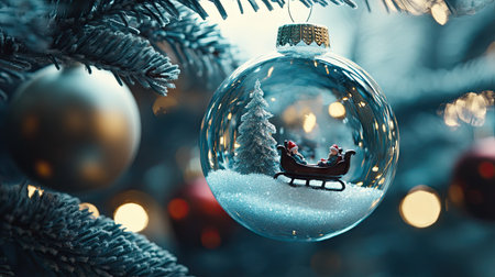 Snow globe-style ornament with a tiny sleigh scene inside, hanging on a frosted Christmas tree.の素材