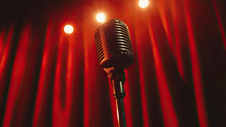 Spotlight highlighting a microphone against deep red curtains, creating an atmosphere of suspense and eleganceの素材