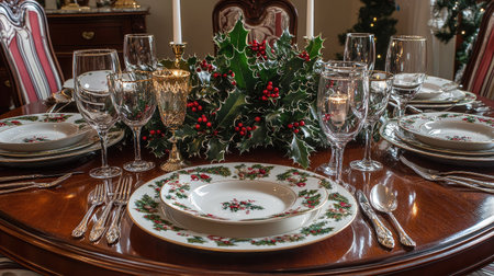 A beautifully set Christmas table with wine glasses, plates, and decorative napkins, with a centerpiece of holly and candlesの素材