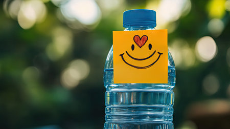 Sticky note with a hand-drawn smiley face and a heart, stuck to a water bottle, adding positivity to a workoutの素材