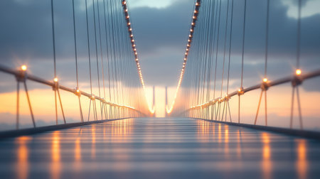 Suspension bridge deck close-up against a soft evening sky, with light reflecting off cables.の素材