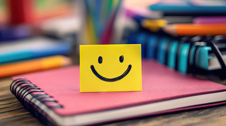 Sticky note with a smiley face and Good Luck message, placed on a student's notebook for an exam dayの素材