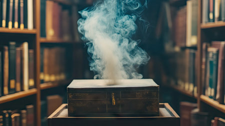 An old, dusty box on a bookshelf, emitting mysterious smoke into a library settingの素材