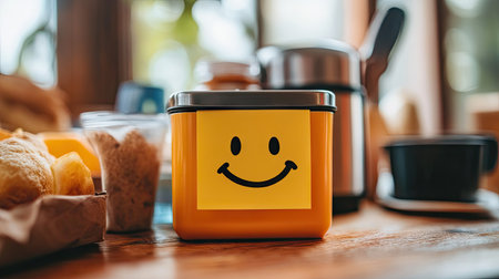 Sticky note with a smiley face on a child's lunchbox, placed lovingly by a parent. Cute and caring vibeの素材