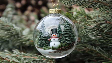 Snow globe-style ornament with a tiny snowman and evergreen trees, capturing winter wonder.の素材