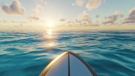 Surfboard in the foreground with the ocean horizon in the background, soft morning light casting gentle shadowsの素材