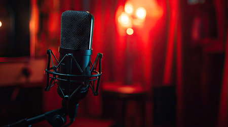 Spotlight highlighting a microphone against deep red curtains, creating an atmosphere of suspense and eleganceの素材