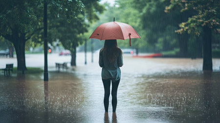 Woman standing in heavy rain with an umbrella, her clothes soaked, as she stares out over a flooded parkの素材