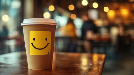 Sticky note with a smiley face and Have a Great Day message, placed on a commuter's coffee cup in a busy cafの素材
