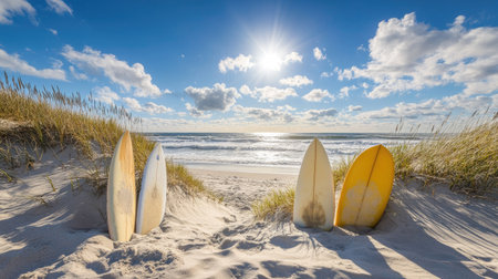 Surfboards on the sand with beach grass and dunes nearby, ocean waves sparkling under the bright sunlightの素材