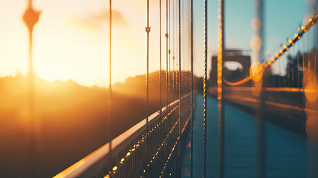 Suspension bridge deck close-up against a soft evening sky, with light reflecting off cables.の素材
