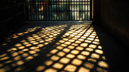 Sunlight filtering through a grid fence, casting intricate shadows on the ground, evoking a sense of confinement.の素材