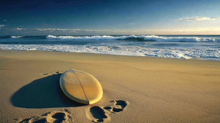 Surfboard resting in the sand with footprints around it, waves crashing on the shore in the distanceの素材