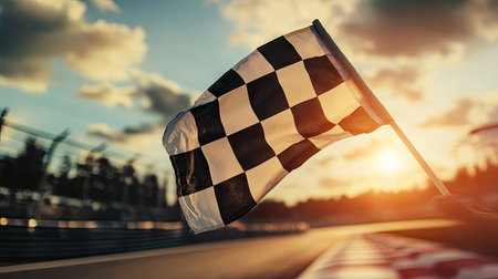 Waving checkered flag in slow motion, capturing each ripple in a sunny race setting.の素材