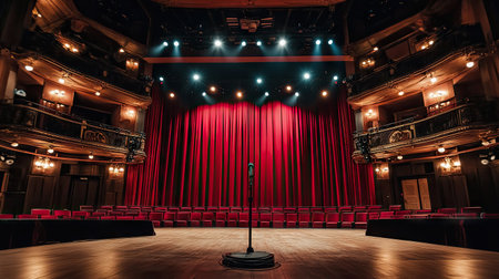 Wide-angle shot of an empty theater stage with red curtains, microphone, and focused spotlight. Anticipation and dramaの素材